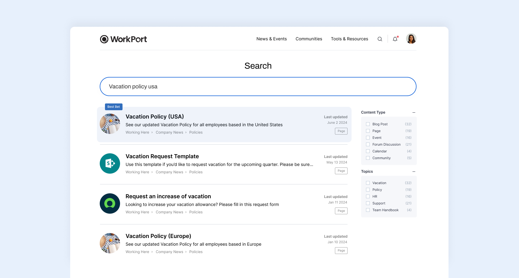 A screenshot of a modern intranet that optimizes technology using powerful search to improve productivity