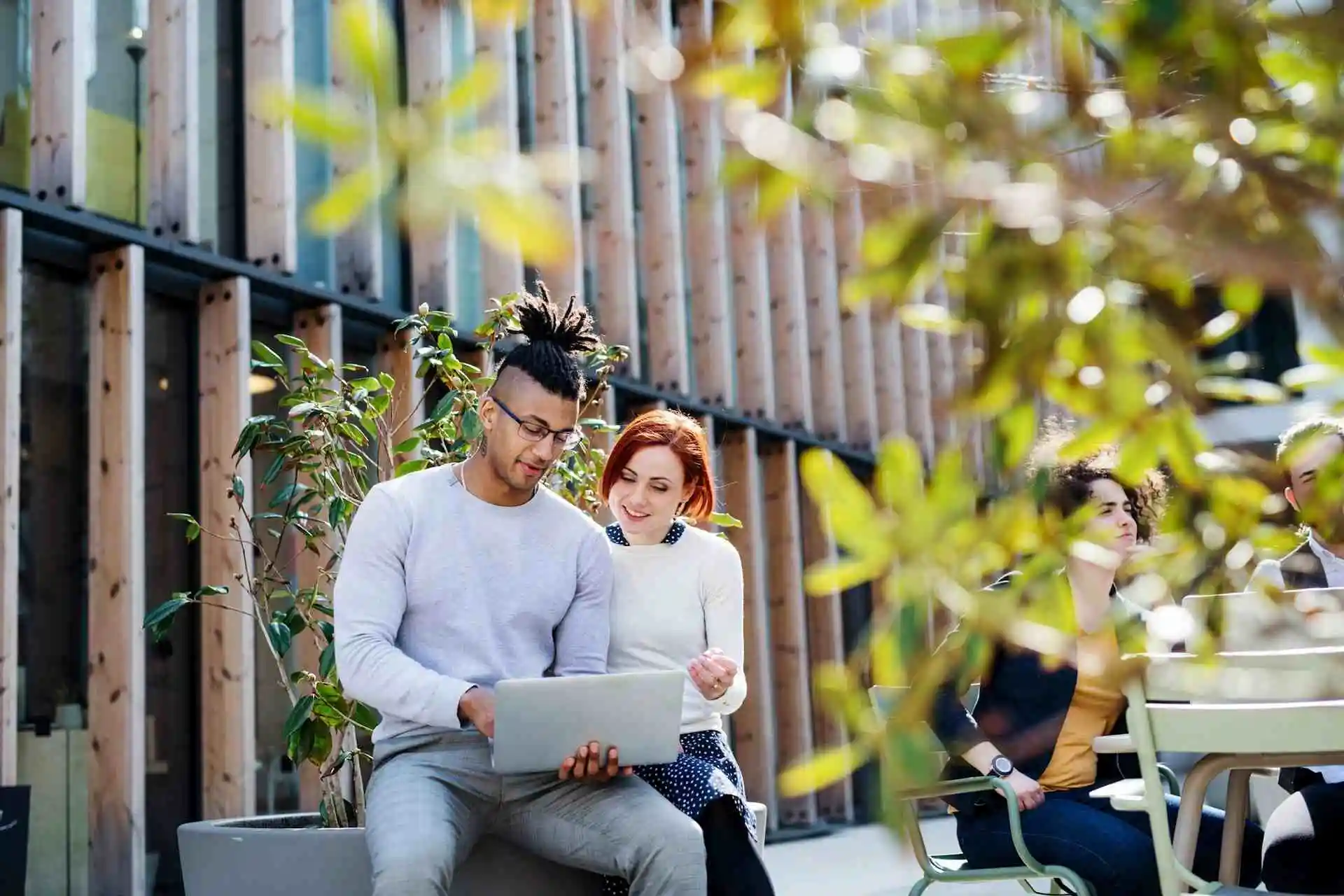 Employees contributing to knowledge base on laptop